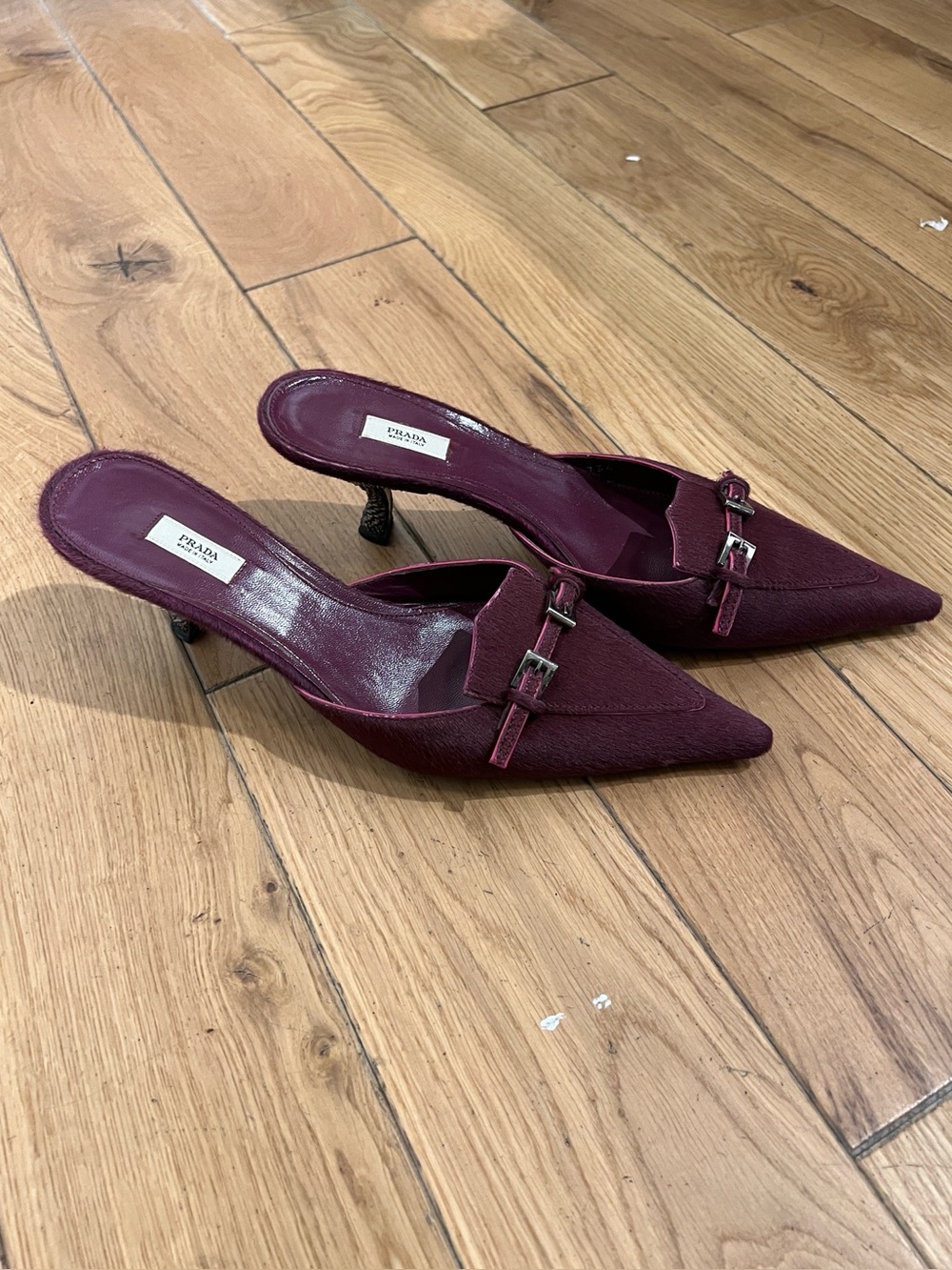 Prada Burgundy Pointed Toe Mule Heels with Buckle Detail